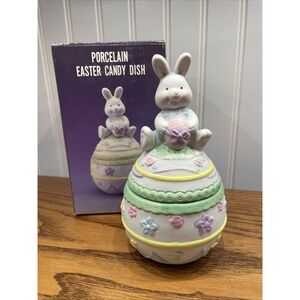 Vintage Porcelain Easter Candy Dish Easter Egg With Bunny Original Box
